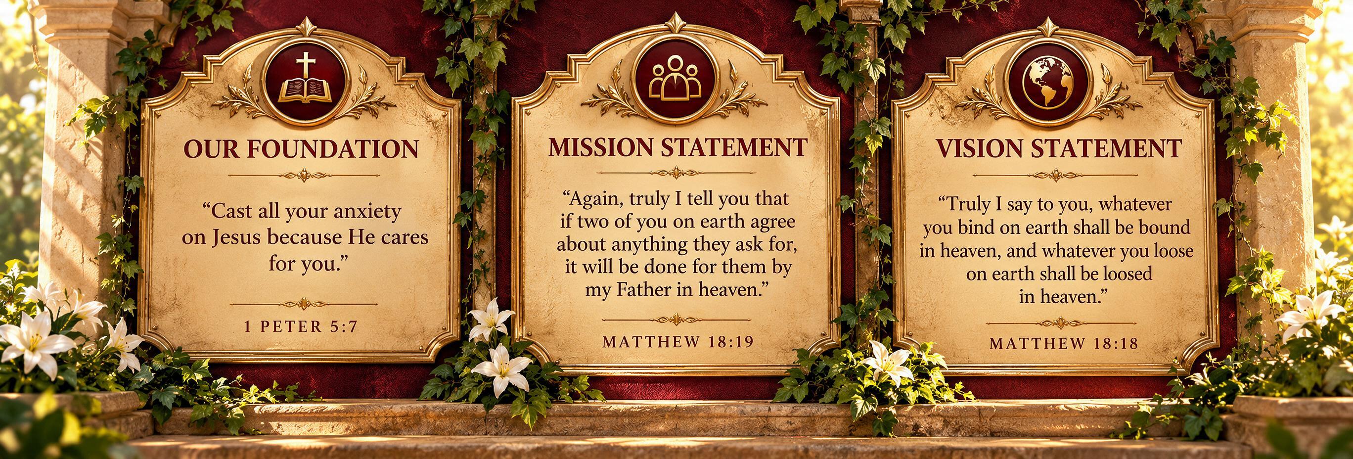 Our Foundation: Cast all your anxiety on Jesus because He cares for you — 1 Peter 5:7. Mission Statement: Again, truly I tell you that if two of you on earth agree about anything they ask for, it will be done for them by my Father in heaven — Matthew 18:19. Vision Statement: Truly I say to you, whatever you bind on earth shall be bound in heaven, and whatever you loose on earth shall be loosed in heaven — Matthew 18:18.