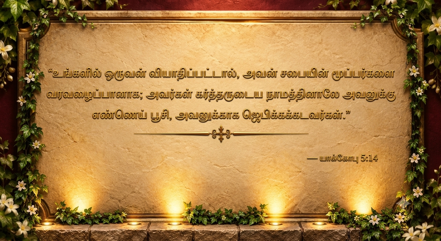 Illuminated stone plaque inscribed with James 5:14 in Tamil, framed by candlelight and ivy
