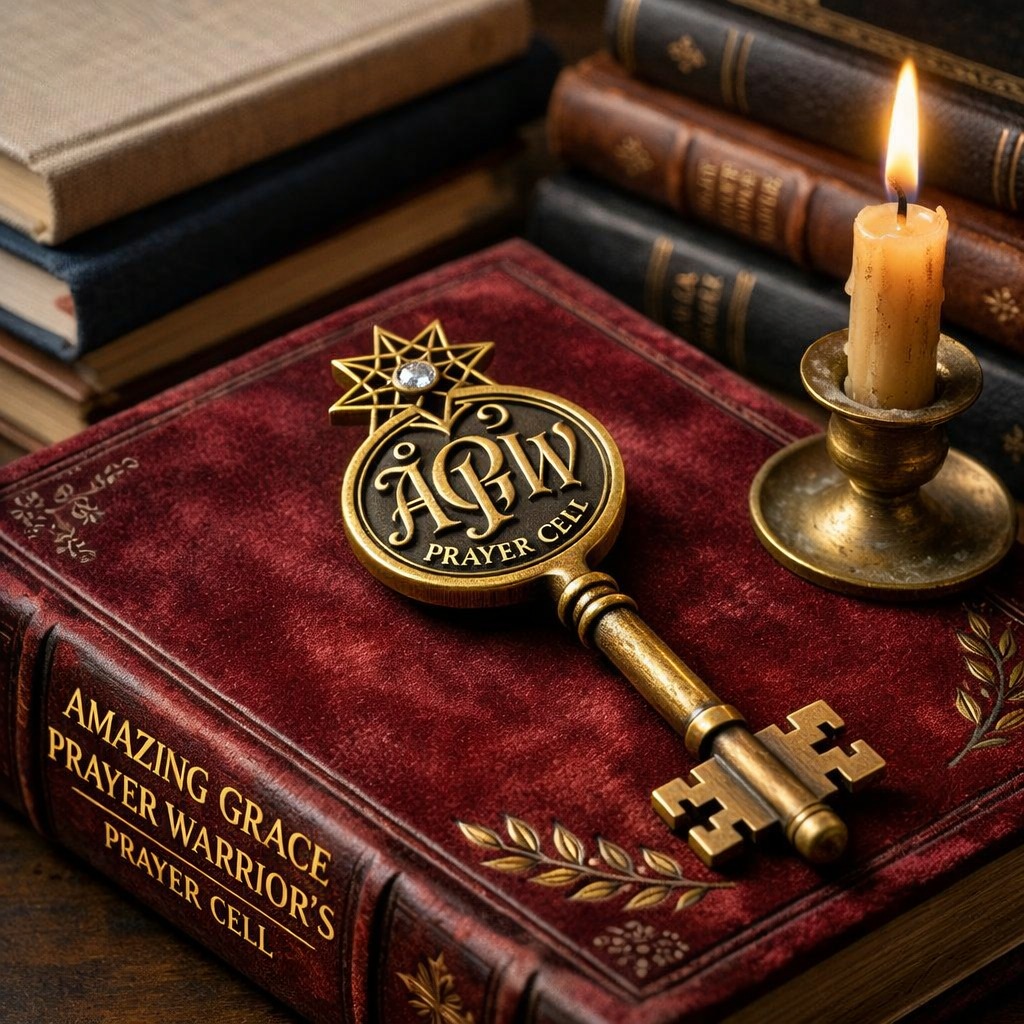 The Amazing Grace Prayer Warriors key emblem resting on a Bible beside a lit candle
